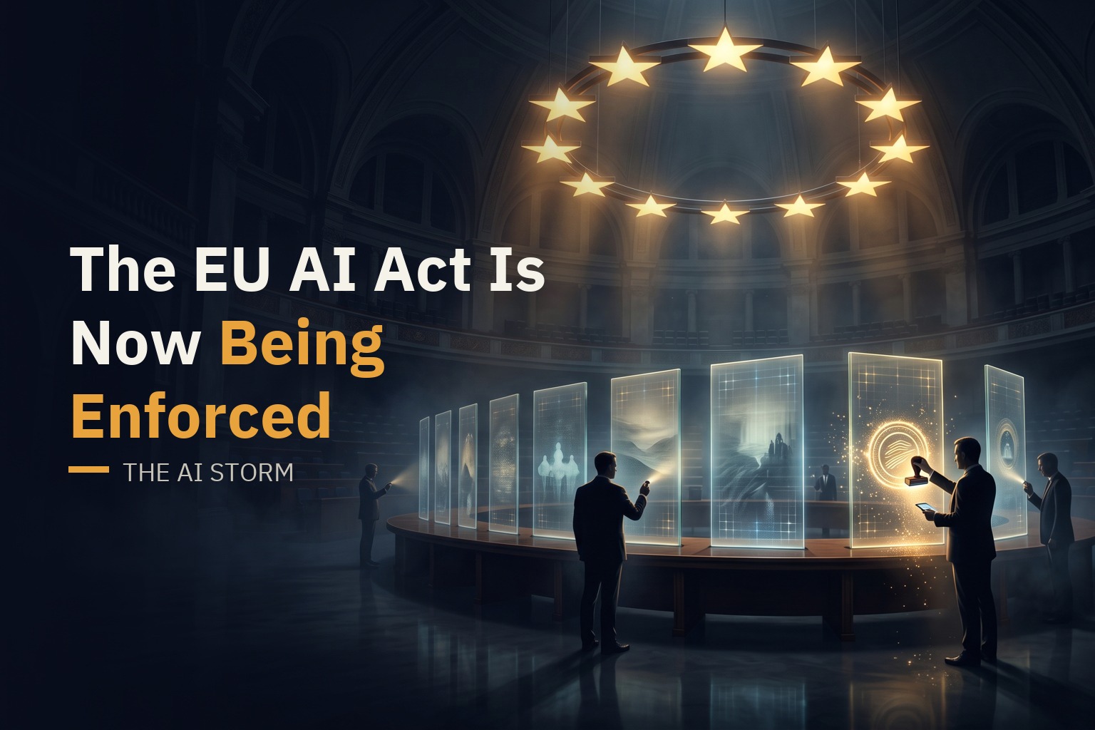 A darkened European chamber where a ring of twelve stars illuminates glass panels of AI-generated content, each carrying a faint watermark pattern